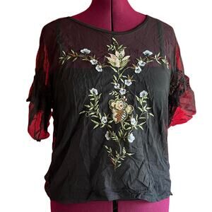 Womens Top Size XL Black Sheer Floral Embroidered Whimsigoth Dark Cottage Fairy